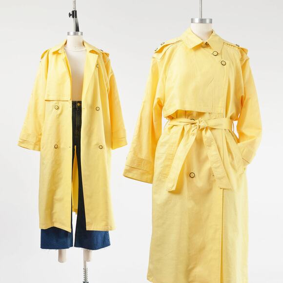 Vintage 90s Yellow Trench Coat Cotton Ramie Full Length Duster Jacket Belt M